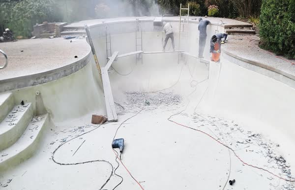 Pool surface preparation in progress